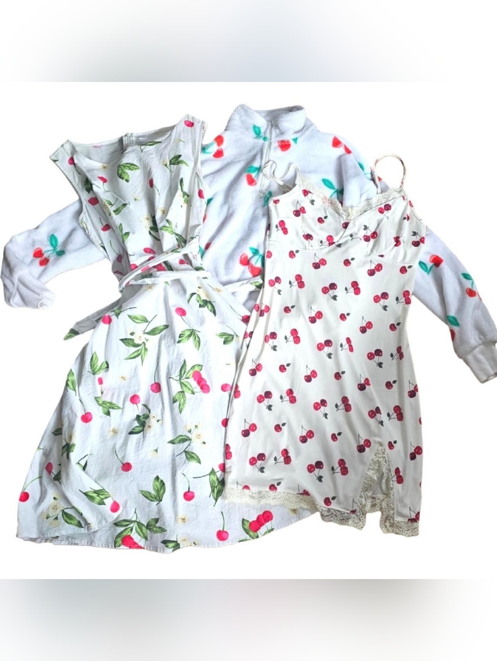 Cherries Cherry 3pc Bundle Lot Slip Dress, Vintage Dress, Fleece Pullover
